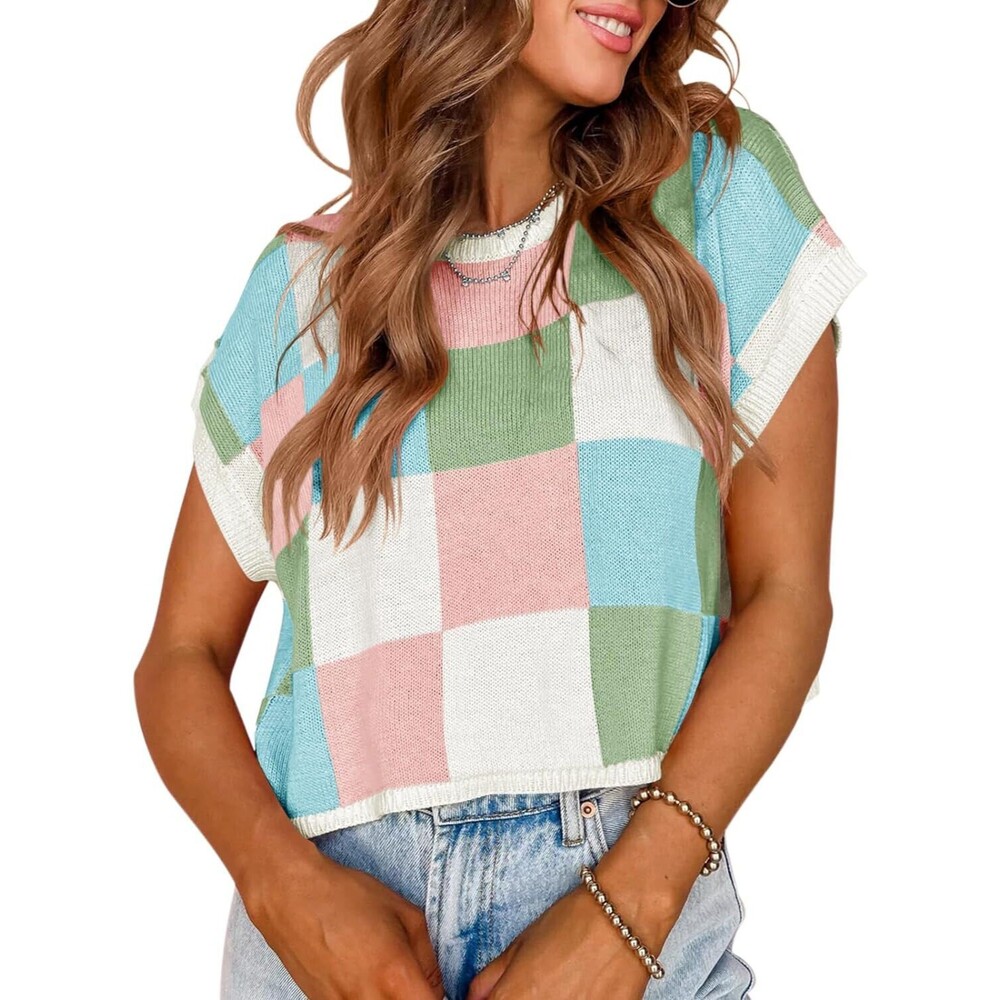 Saodimallsu Womens Cap Sleeve Crop Tops Summer Color Block Going Out Crew Neck